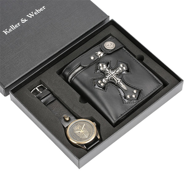 Vinatge Mens Watch Quartz Bronze Steel Wristwatch Wallet Gift Set for Male Steampunk Fashion Clock Gifts Boyfriend