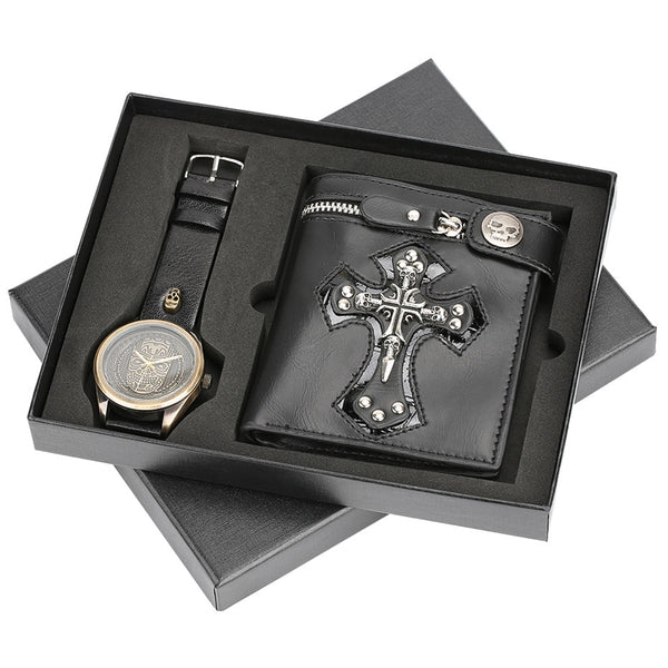 Vinatge Mens Watch Quartz Bronze Steel Wristwatch Wallet Gift Set for Male Steampunk Fashion Clock Gifts Boyfriend