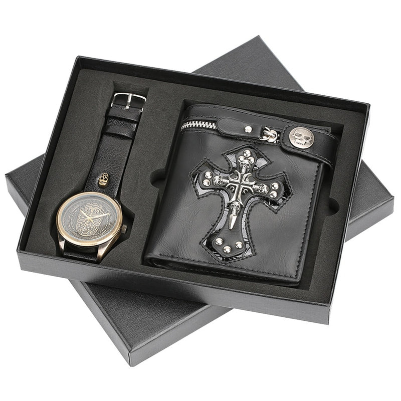 Vinatge Mens Watch Quartz Bronze Steel Wristwatch Wallet Gift Set for Male Steampunk Fashion Clock Gifts Boyfriend
