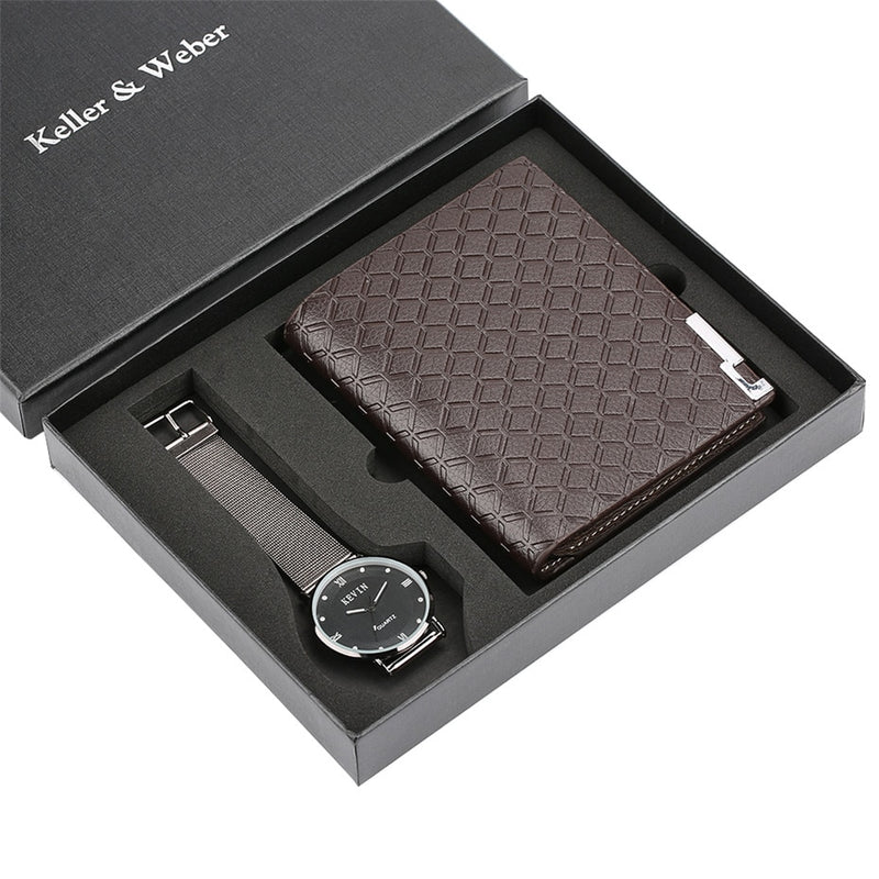 Men's Watch Quartz Wallet Gift Set for Men High Quality Wristwatch Male Steel Bangle Clock Modern Black Wrist Watch Gift reloj