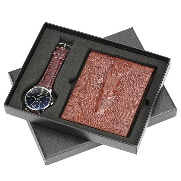 Men Watch Wallet Gift Set for Male Business Men's Quartz Wristwatch Brown Leather Mens Watches Present Father Boyfriend reloj