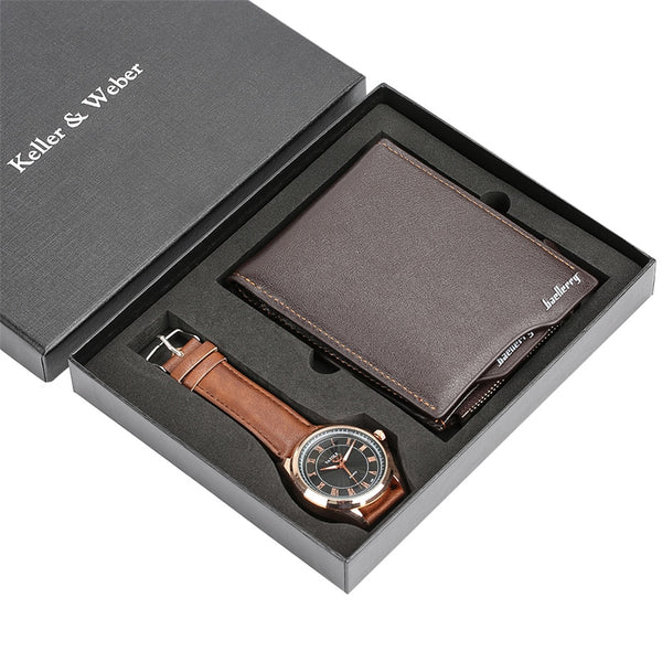 Mens Watch Quartz Bangle Watches for Male Classic Brown Wallet Gift Set for Father Birthday Gift Fashion Mens Wrist Watch reloj