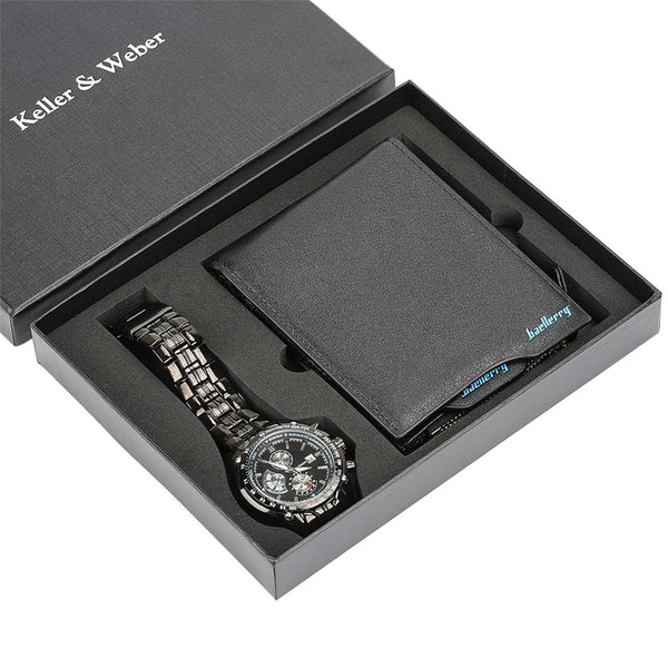 Watch Quartz Wristwatch Men's Steel Bangle Watch Wallet Gift Set Modern Black Fashion Mens Wrist Clock Best Birthday Gifts
