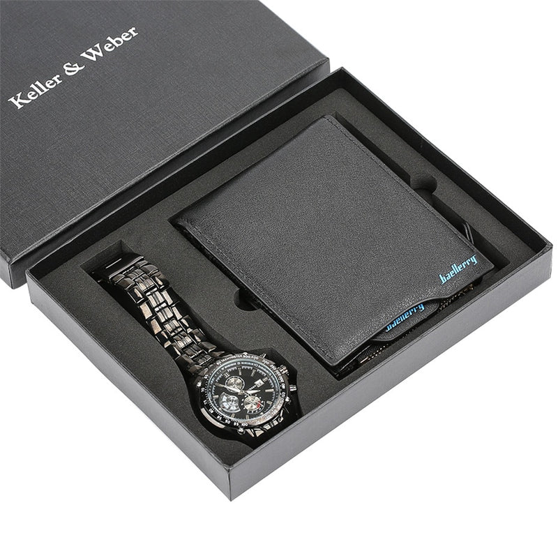 Watch Quartz Wristwatch Men's Steel Bangle Watch Wallet Gift Set Modern Black Fashion Mens Wrist Clock Best Birthday Gifts