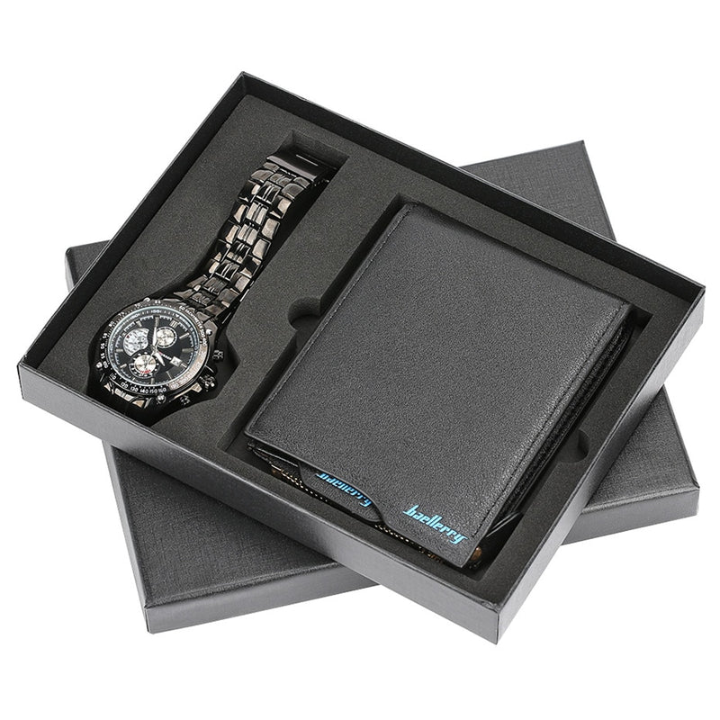 Watch Quartz Wristwatch Men's Steel Bangle Watch Wallet Gift Set Modern Black Fashion Mens Wrist Clock Best Birthday Gifts