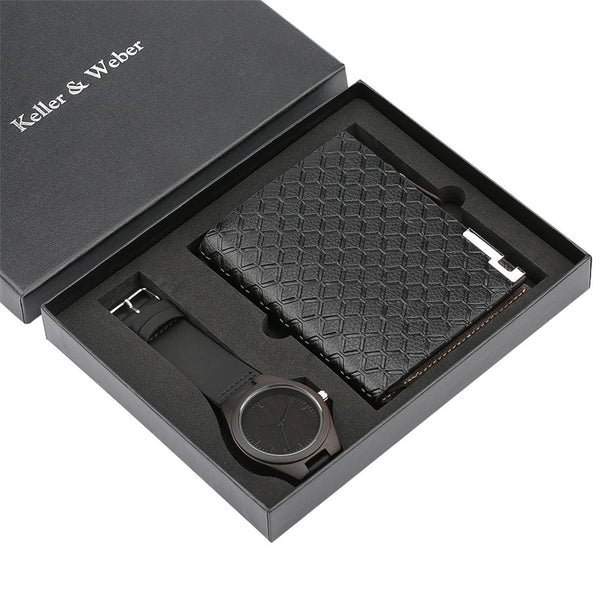 Mens Watches Quartz Genuine Leather Strap Wood Watch Men Wallet Watch Gift Set Fashion Men's Wristwatch Christmas Gifts for Him
