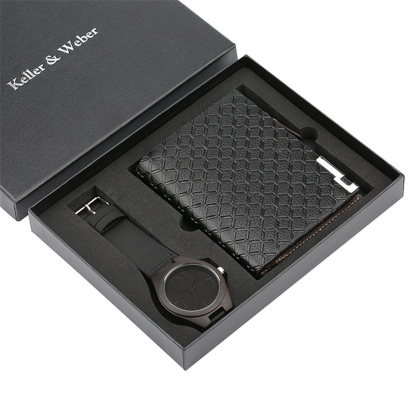Mens Watches Quartz Genuine Leather Strap Wood Watch Men Wallet Watch Gift Set Fashion Men's Wristwatch Christmas Gifts for Him