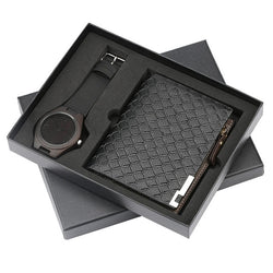 Mens Watches Quartz Genuine Leather Strap Wood Watch Men Wallet Watch Gift Set Fashion Men's Wristwatch Christmas Gifts for Him
