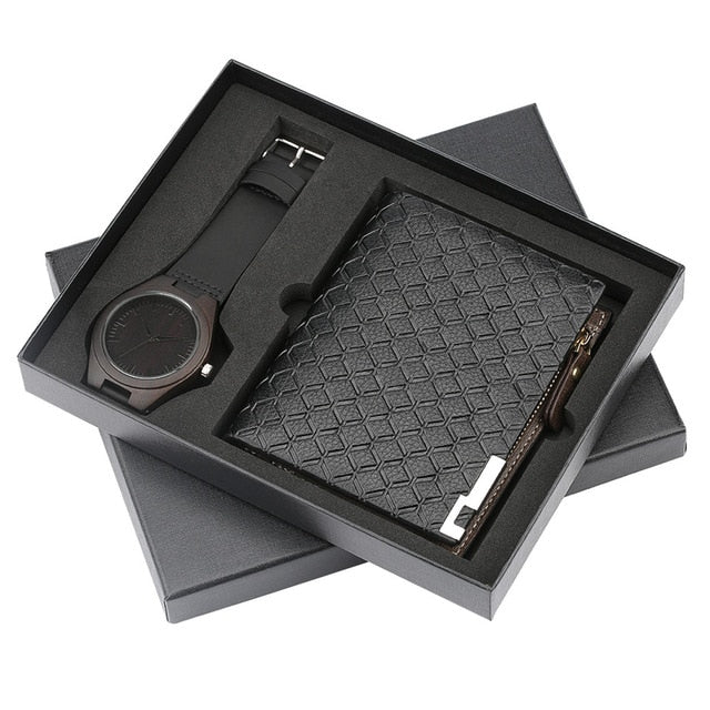 Mens Watches Quartz Genuine Leather Strap Wood Watch Men Wallet Watch Gift Set Fashion Men's Wristwatch Christmas Gifts for Him