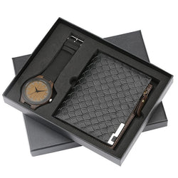 Mens Watches Quartz Genuine Leather Strap Wood Watch Men Wallet Watch Gift Set Fashion Men's Wristwatch Christmas Gifts for Him