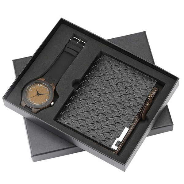 Mens Watches Quartz Genuine Leather Strap Wood Watch Men Wallet Watch Gift Set Fashion Men's Wristwatch Christmas Gifts for Him