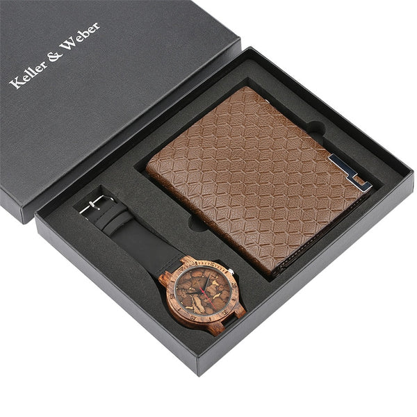 Light Wood Mens Watch Quartz Watch Wallet Gifts Men Leather Purse Fashion Men's Genuine Leather Wrist Clock Best Gift for Him