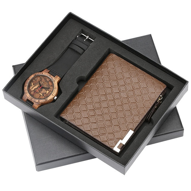 Light Wood Mens Watch Quartz Watch Wallet Gifts Men Leather Purse Fashion Men's Genuine Leather Wrist Clock Best Gift for Him