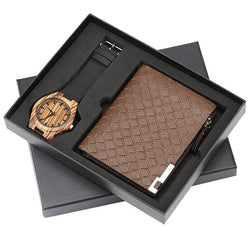Light Wood Mens Watch Quartz Watch Wallet Gifts Men Leather Purse Fashion Men's Genuine Leather Wrist Clock Best Gift for Him