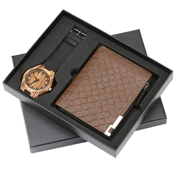 Light Wood Mens Watch Quartz Watch Wallet Gifts Men Leather Purse Fashion Men's Genuine Leather Wrist Clock Best Gift for Him