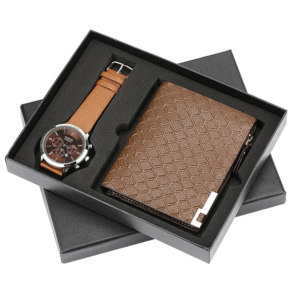 Watch for Men Quartz Wristwatch Wallet Gift Set Fashion Brown Mens Watch reloj masculino Top Brand Luxury Watch Gift for Father
