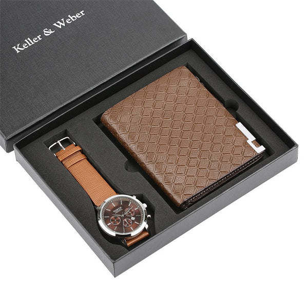 Watch for Men Quartz Wristwatch Wallet Gift Set Fashion Brown Mens Watch reloj masculino Top Brand Luxury Watch Gift for Father