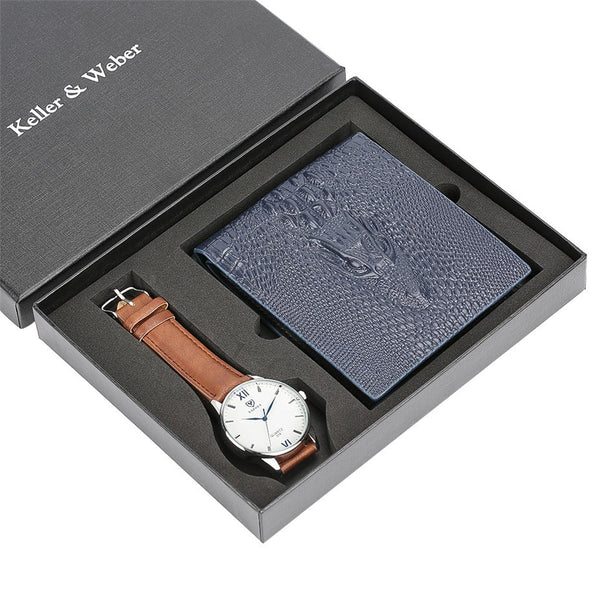 Men Watch Wrist Quartz Clock Leather Strap Watch Wallet Present Set for Mens reloj High Quality Male Bangle Clock