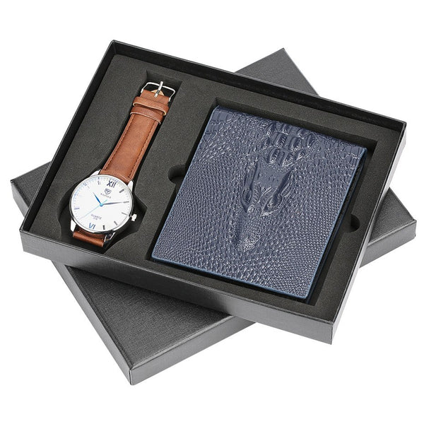 Men Watch Wrist Quartz Clock Leather Strap Watch Wallet Present Set for Mens reloj High Quality Male Bangle Clock
