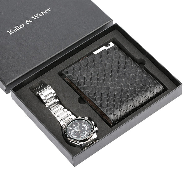 Watch Quartz Mens Wristwatch Luxury Watch Wallet Gift Set for Father Boyfriend reloj masculino Fashion Steel Bangle Clock Male