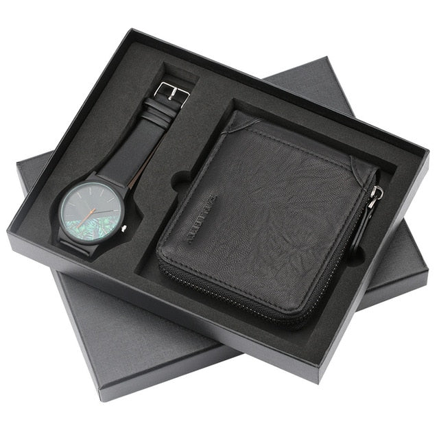 Mens Watch Gift Set Quartz Wristwatch Leather Wallet Fashion Men's Leather Wrist Watch Unique Clock Present for Male reloj