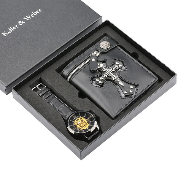 Luxury Watch Mens Mechanical Wristwatch Skeleton Skull Men's Watch Punk Leather Wallet Gift Set for Male reloj masculino