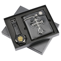 Luxury Watch Mens Mechanical Wristwatch Skeleton Skull Men's Watch Punk Leather Wallet Gift Set for Male reloj masculino