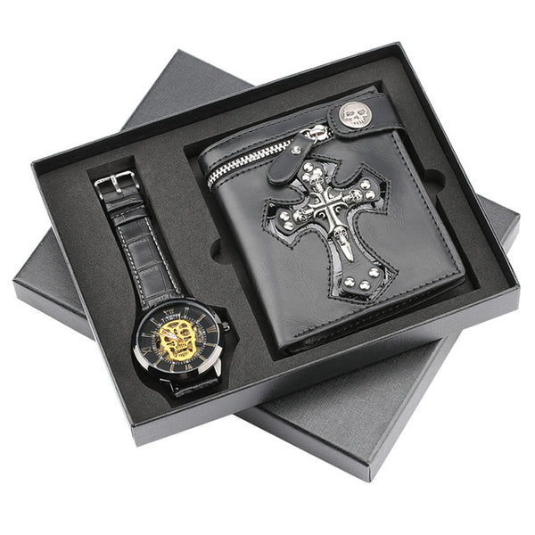 Luxury Watch Mens Mechanical Wristwatch Skeleton Skull Men's Watch Punk Leather Wallet Gift Set for Male reloj masculino