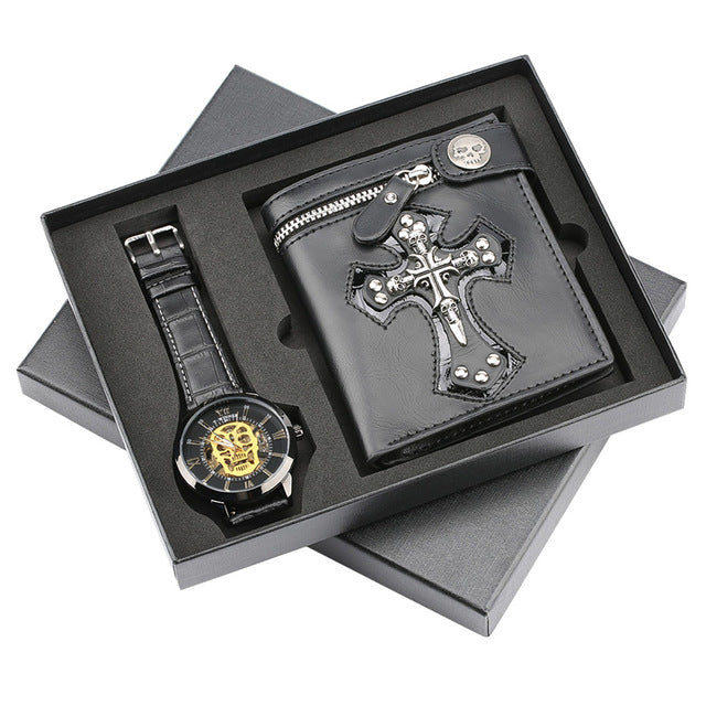 Luxury Watch Mens Mechanical Wristwatch Skeleton Skull Men's Watch Punk Leather Wallet Gift Set for Male reloj masculino