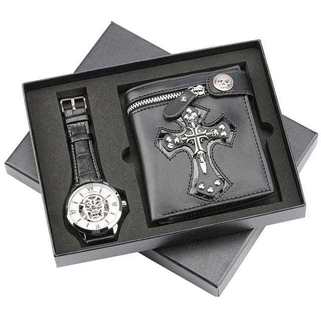 Luxury Watch Mens Mechanical Wristwatch Skeleton Skull Men's Watch Punk Leather Wallet Gift Set for Male reloj masculino