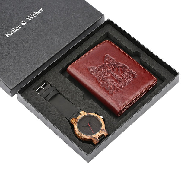 Fashion Mens Watch Genuien Leather Quartz Wood Watch Luxury Wallet Gift Set for Men reloj masculino Minimalist Men's Wristwatch