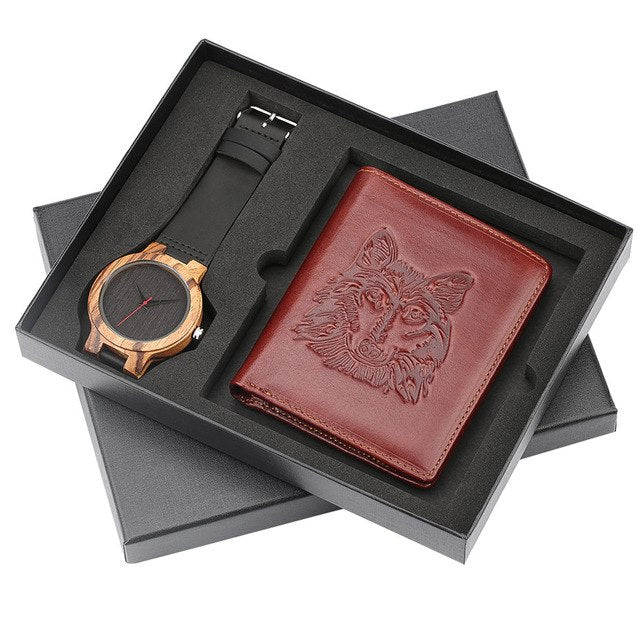 Fashion Mens Watch Genuien Leather Quartz Wood Watch Luxury Wallet Gift Set for Men reloj masculino Minimalist Men's Wristwatch