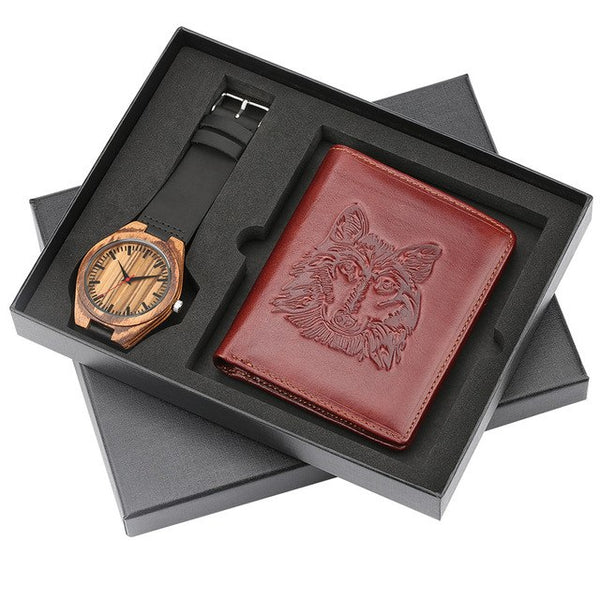 Fashion Mens Watch Genuien Leather Quartz Wood Watch Luxury Wallet Gift Set for Men reloj masculino Minimalist Men's Wristwatch