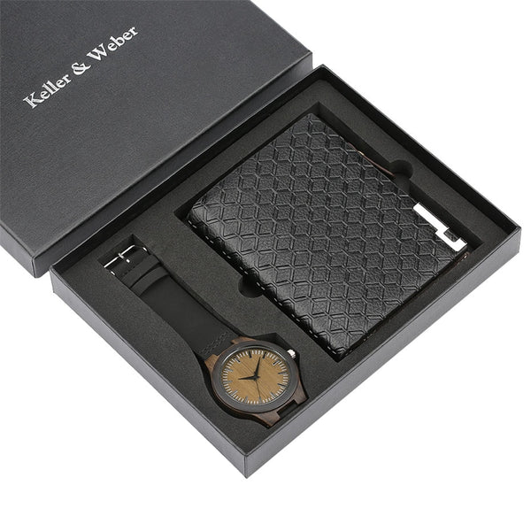 Mens Watch Wood Wristwatch Quartz Watch Gift Set for Men Minimalist Watches Wallet Gift for Boyfriend Casual Leather Watch Gift