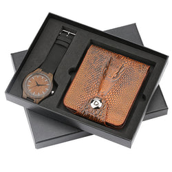 Mens Watch Wood Wristwatch Quartz Watch Gift Set for Men Minimalist Watches Wallet Gift for Boyfriend Casual Leather Watch Gift