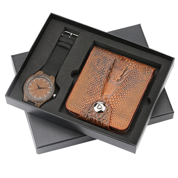 Mens Watch Wood Wristwatch Quartz Watch Gift Set for Men Minimalist Watches Wallet Gift for Boyfriend Casual Leather Watch Gift