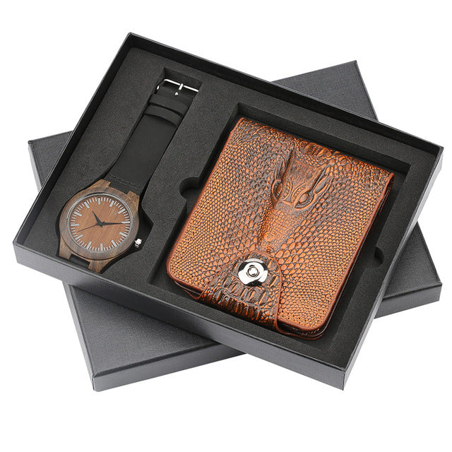 Mens Watch Wood Wristwatch Quartz Watch Gift Set for Men Minimalist Watches Wallet Gift for Boyfriend Casual Leather Watch Gift
