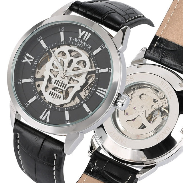 Luxury Watch Mens Mechanical Wristwatch Skeleton Skull Men's Watch Punk Leather Wallet Gift Set for Male reloj masculino