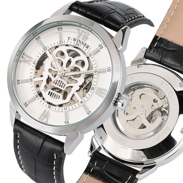 Luxury Watch Mens Mechanical Wristwatch Skeleton Skull Men's Watch Punk Leather Wallet Gift Set for Male reloj masculino