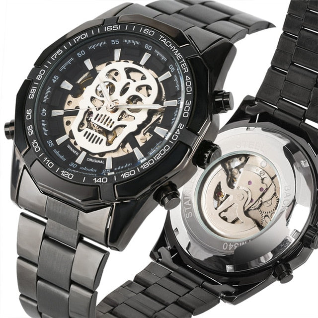 Luxury Watch Mens Mechanical Wristwatch Skeleton Skull Men's Watch Punk Leather Wallet Gift Set for Male reloj masculino