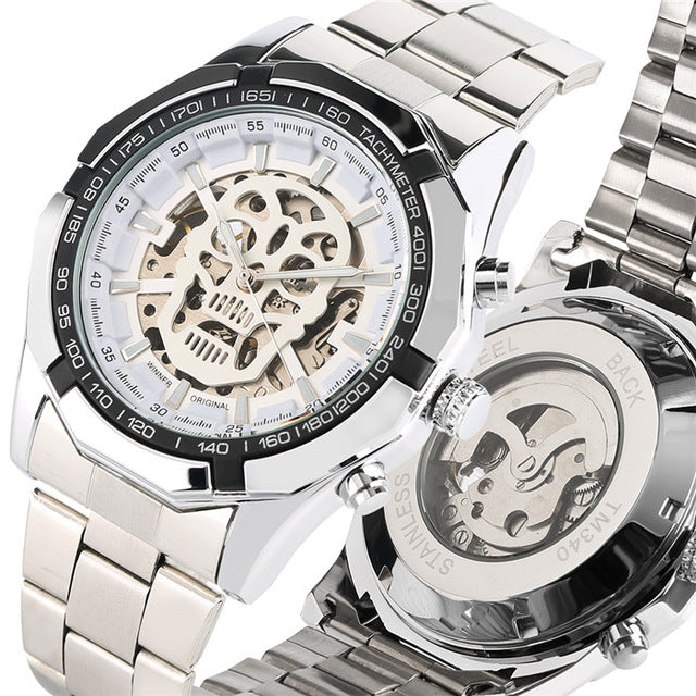 Luxury Watch Mens Mechanical Wristwatch Skeleton Skull Men's Watch Punk Leather Wallet Gift Set for Male reloj masculino