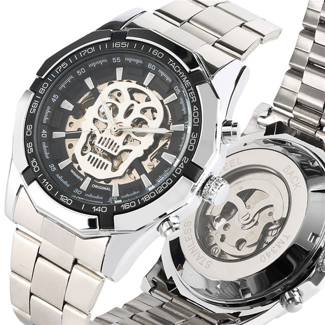Luxury Watch Mens Mechanical Wristwatch Skeleton Skull Men's Watch Punk Leather Wallet Gift Set for Male reloj masculino