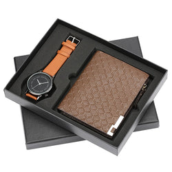 Fashion Wristwatch Wallet Gift Set for Mens Brown Leather Strap Quartz Clock Men's Watch Gifts for Boyfriend reloj masculino