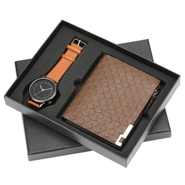 Fashion Wristwatch Wallet Gift Set for Mens Brown Leather Strap Quartz Clock Men's Watch Gifts for Boyfriend reloj masculino