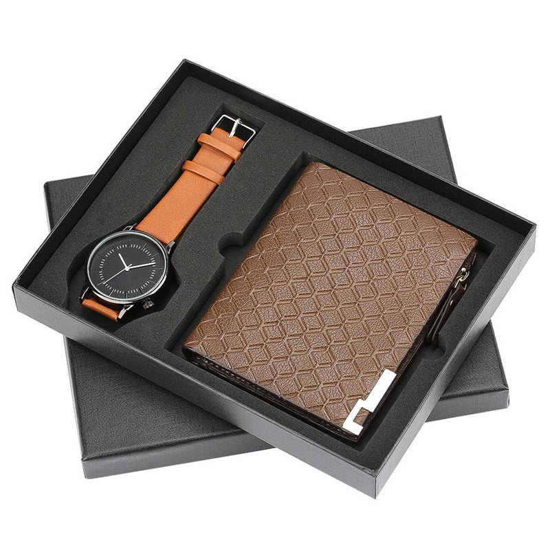Fashion Wristwatch Wallet Gift Set for Mens Brown Leather Strap Quartz Clock Men's Watch Gifts for Boyfriend reloj masculino