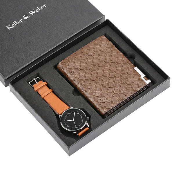 Fashion Wristwatch Wallet Gift Set for Mens Brown Leather Strap Quartz Clock Men's Watch Gifts for Boyfriend reloj masculino