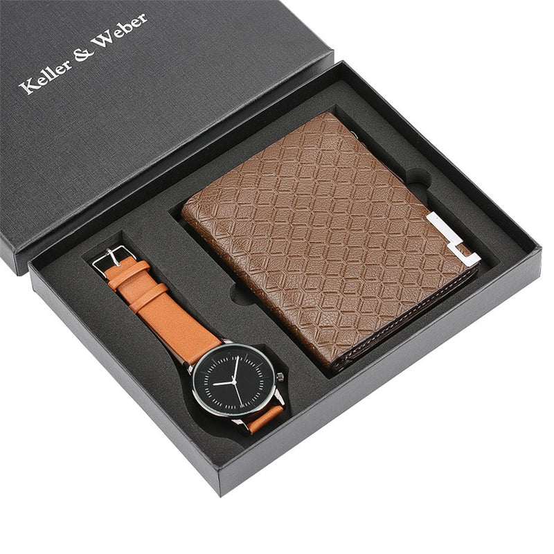 Fashion Wristwatch Wallet Gift Set for Mens Brown Leather Strap Quartz Clock Men's Watch Gifts for Boyfriend reloj masculino
