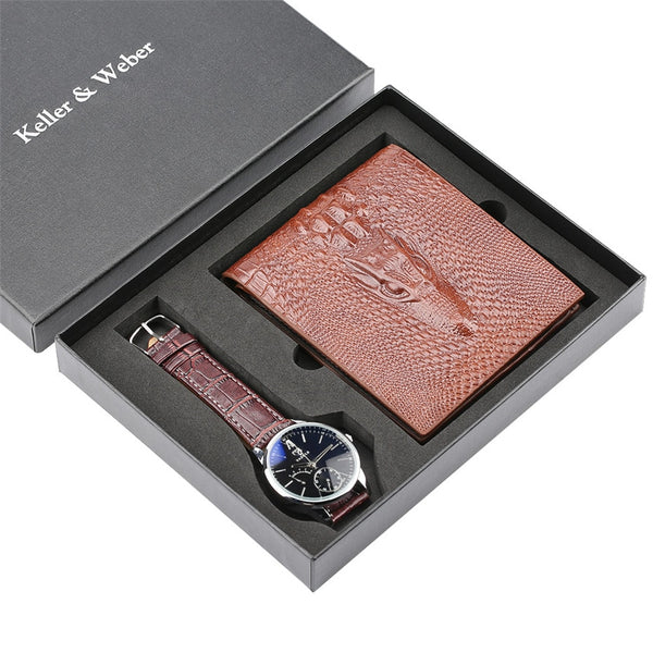 Business Watch Mens Quartz Leather Wrist Watches High Quality Watch Purse Gift Set for Men with Gift Box Fashion Mens Watches