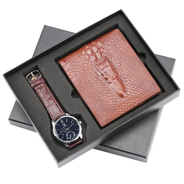 Business Watch Mens Quartz Leather Wrist Watches High Quality Watch Purse Gift Set for Men with Gift Box Fashion Mens Watches