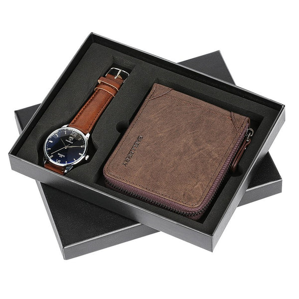 Fashion Watch Men's Leather Wristwatch Gift Set for Boyfriend Exquisite Wallet Male Birthday Present Sets reloj masculino